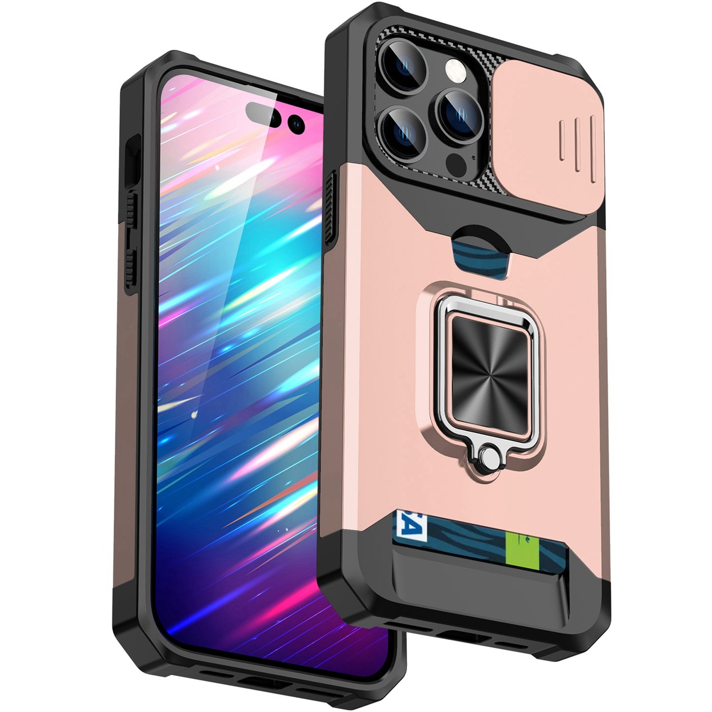 For iPhone 13 Pro 6.1 inch Hard PC + TPU Kickstand Phone Case Slide Camera Cover Card Holder Phone Shell with Strap