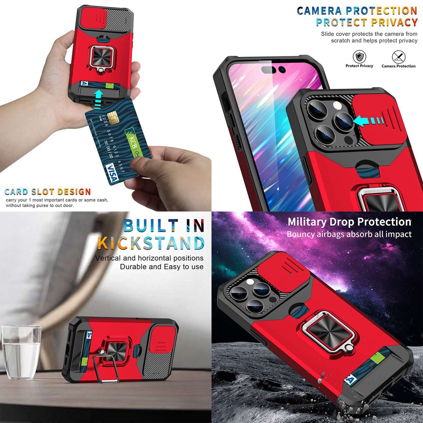 For iPhone 13 Pro 6.1 inch Hard PC + TPU Kickstand Phone Case Slide Camera Cover Card Holder Phone Shell with Strap