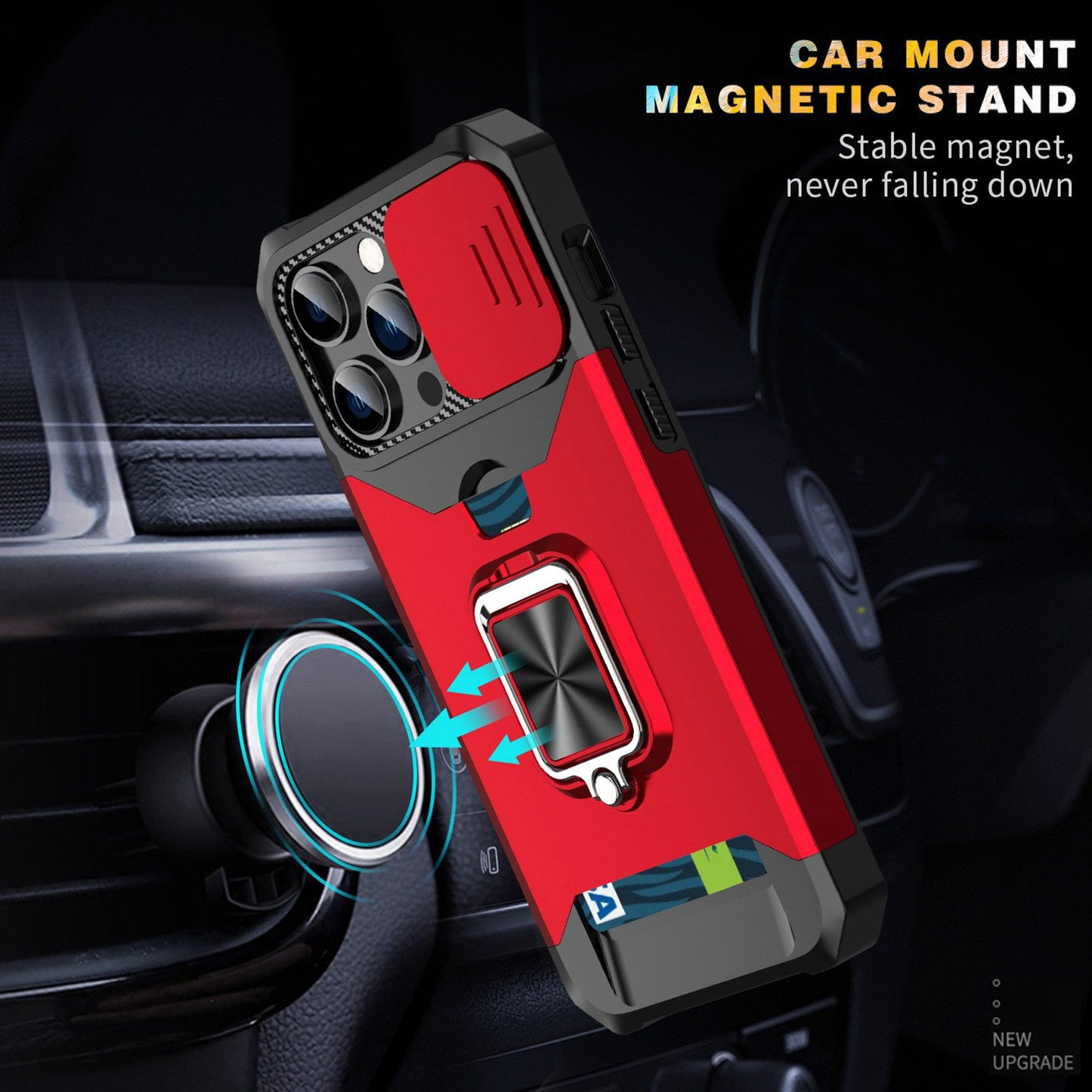 For iPhone 13 Pro 6.1 inch Hard PC + TPU Kickstand Phone Case Slide Camera Cover Card Holder Phone Shell with Strap