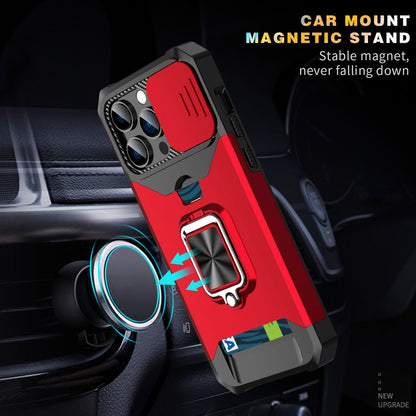 For iPhone 13 Pro 6.1 inch Hard PC + TPU Kickstand Phone Case Slide Camera Cover Card Holder Phone Shell with Strap