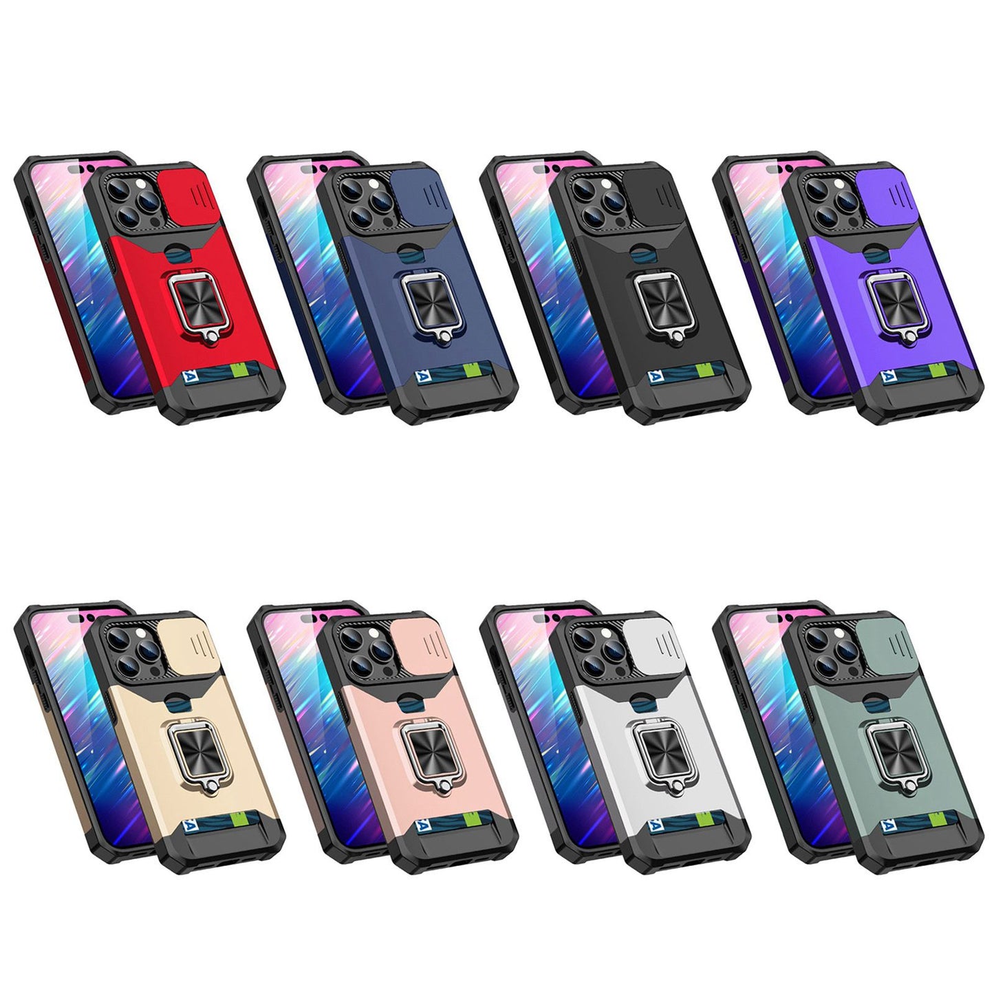 For iPhone 13 Pro 6.1 inch Hard PC + TPU Kickstand Phone Case Slide Camera Cover Card Holder Phone Shell with Strap