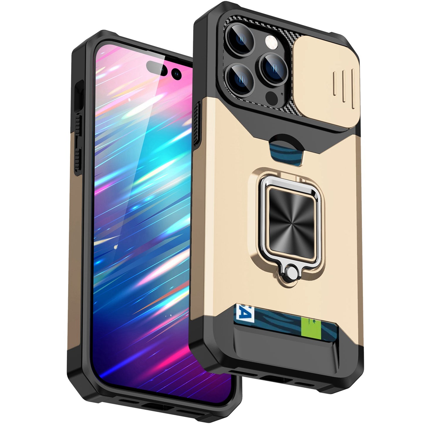 For iPhone 13 Pro 6.1 inch Hard PC + TPU Kickstand Phone Case Slide Camera Cover Card Holder Phone Shell with Strap