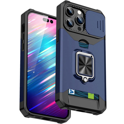For iPhone 13 Pro 6.1 inch Hard PC + TPU Kickstand Phone Case Slide Camera Cover Card Holder Phone Shell with Strap