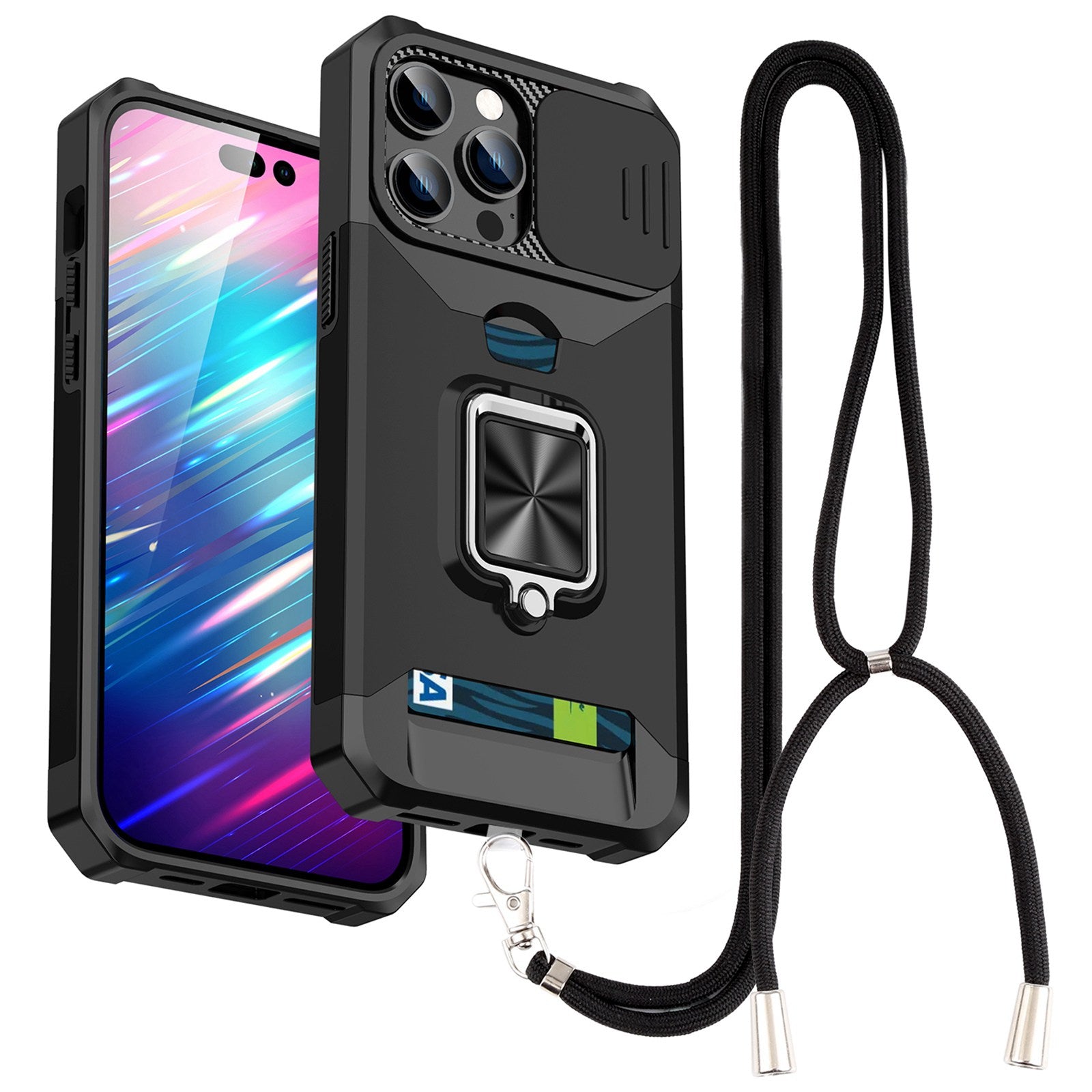 For iPhone 13 Pro 6.1 inch Hard PC + TPU Kickstand Phone Case Slide Camera Cover Card Holder Phone Shell with Strap