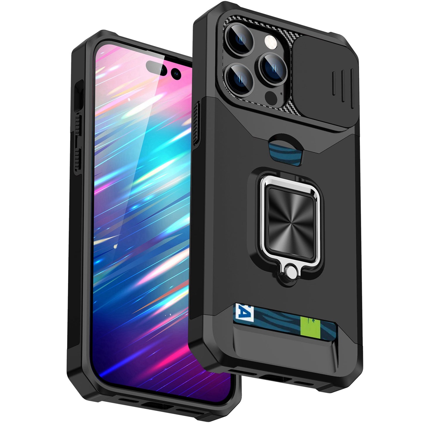 For iPhone 13 Pro 6.1 inch Hard PC + TPU Kickstand Phone Case Slide Camera Cover Card Holder Phone Shell with Strap