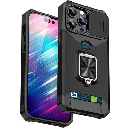 For iPhone 13 Pro 6.1 inch Hard PC + TPU Kickstand Phone Case Slide Camera Cover Card Holder Phone Shell with Strap