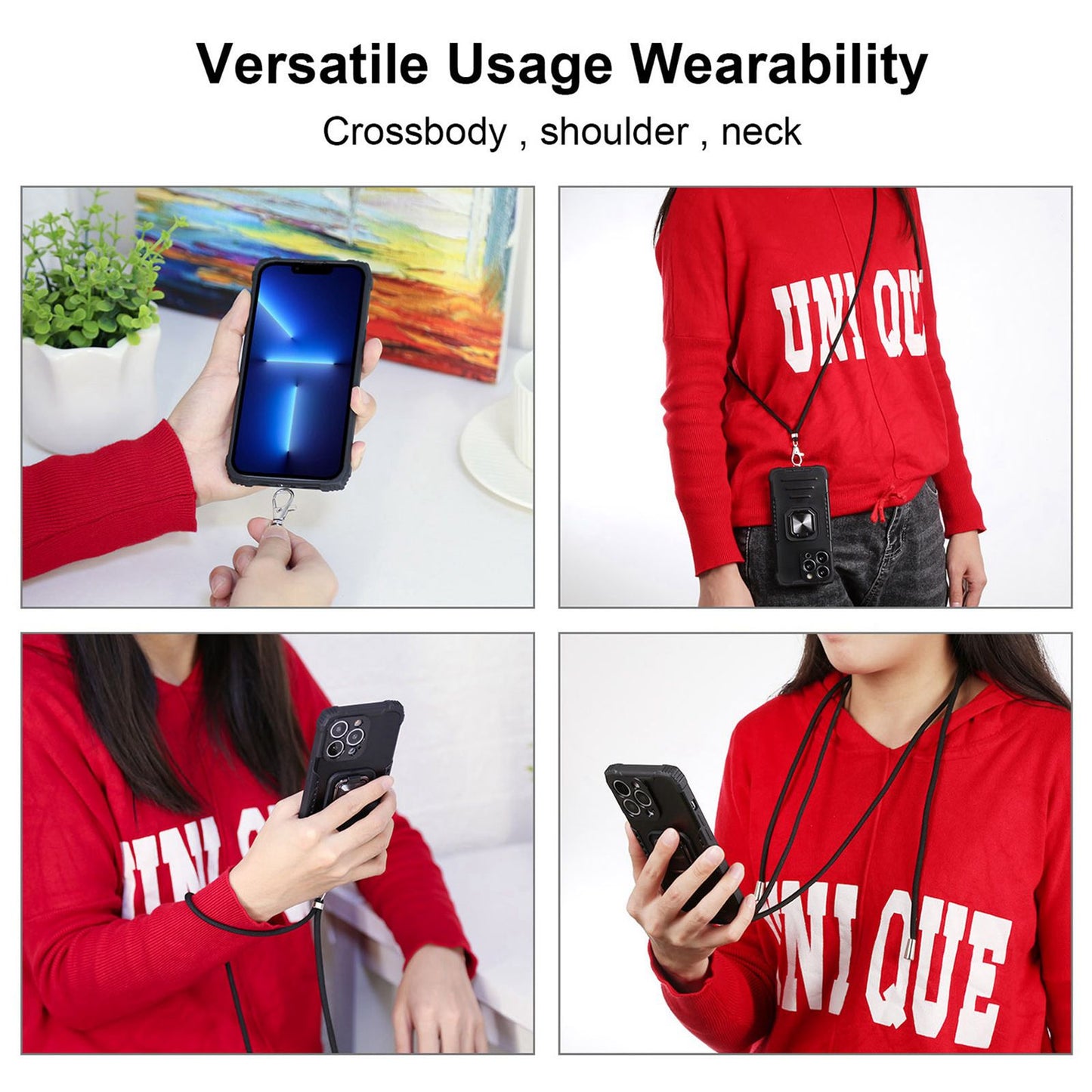 For iPhone 13 Pro 6.1 inch Hard PC + TPU Kickstand Phone Case Slide Camera Cover Card Holder Phone Shell with Strap