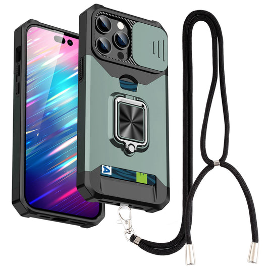 For iPhone 13 Pro 6.1 inch Hard PC + TPU Kickstand Phone Case Slide Camera Cover Card Holder Phone Shell with Strap