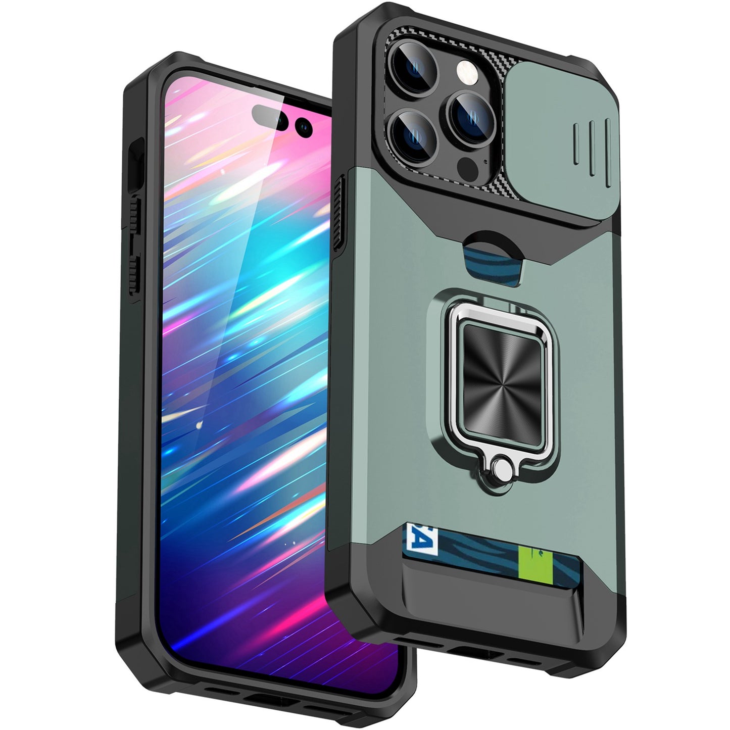 For iPhone 13 Pro 6.1 inch Hard PC + TPU Kickstand Phone Case Slide Camera Cover Card Holder Phone Shell with Strap