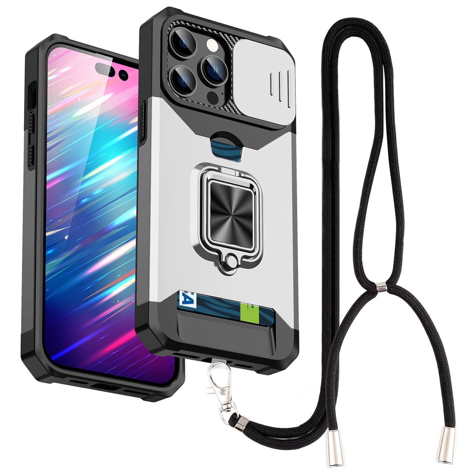 For iPhone 13 Pro 6.1 inch Hard PC + TPU Kickstand Phone Case Slide Camera Cover Card Holder Phone Shell with Strap