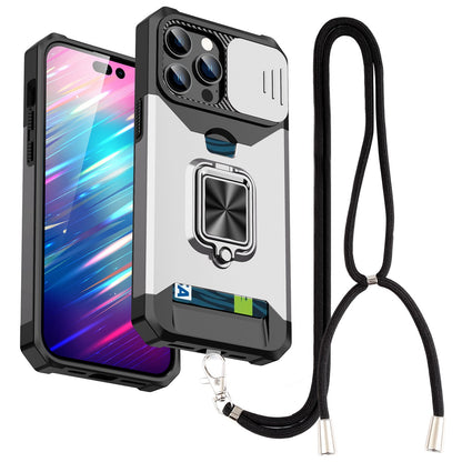 For iPhone 13 Pro 6.1 inch Hard PC + TPU Kickstand Phone Case Slide Camera Cover Card Holder Phone Shell with Strap