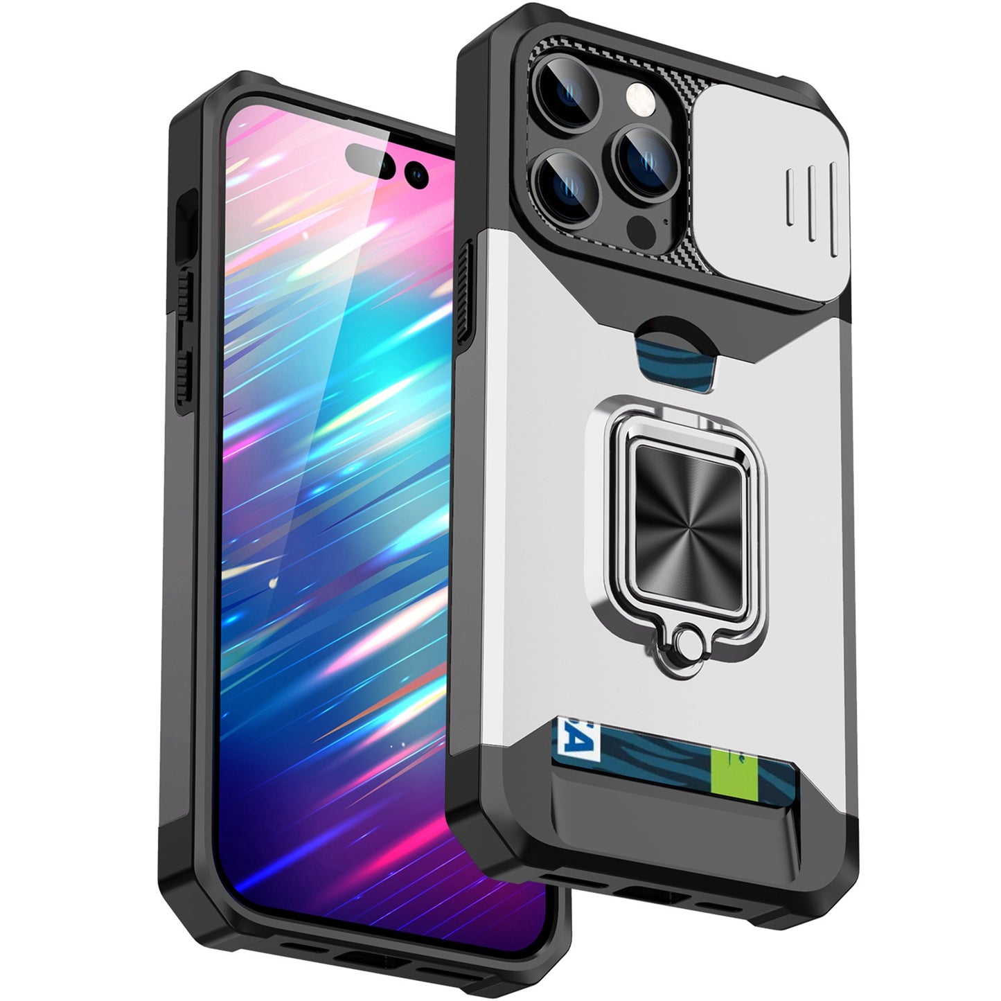 For iPhone 13 Pro 6.1 inch Hard PC + TPU Kickstand Phone Case Slide Camera Cover Card Holder Phone Shell with Strap