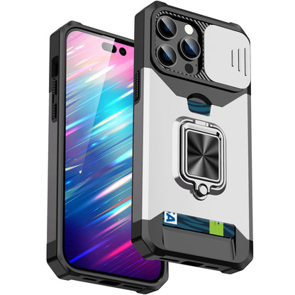 For iPhone 13 Pro 6.1 inch Hard PC + TPU Kickstand Phone Case Slide Camera Cover Card Holder Phone Shell with Strap