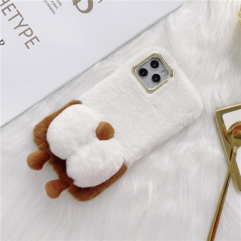 For iPhone 13 Pro 6.1 inch Anti-tear Cute Fluffy Cell Phone Case Warm Plush+TPU Soft Phone Cover
