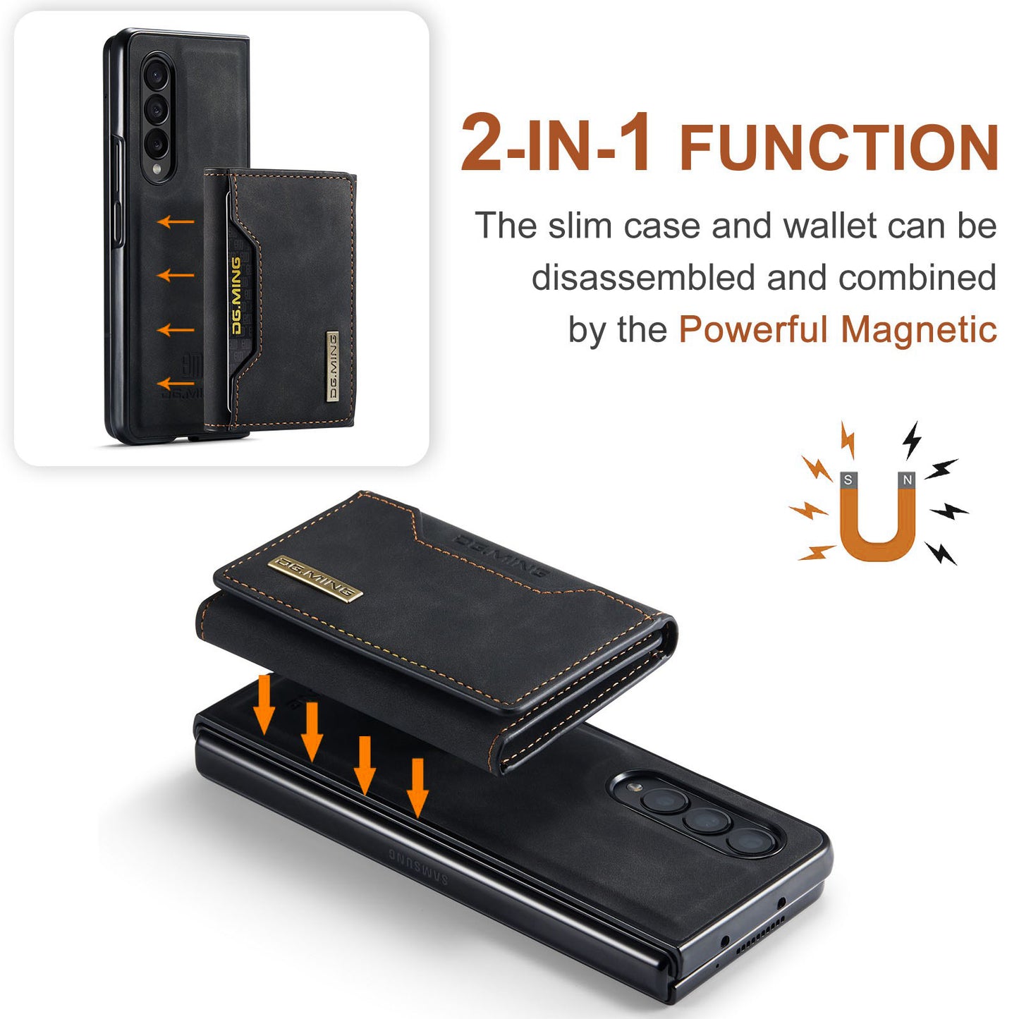 DG.MING M2 Series Phone Case for Samsung Galaxy Z Fold3 5G Shockproof Case Magnetic Absorption Detachable Wallet Phone Case Kickstand Protective Cover