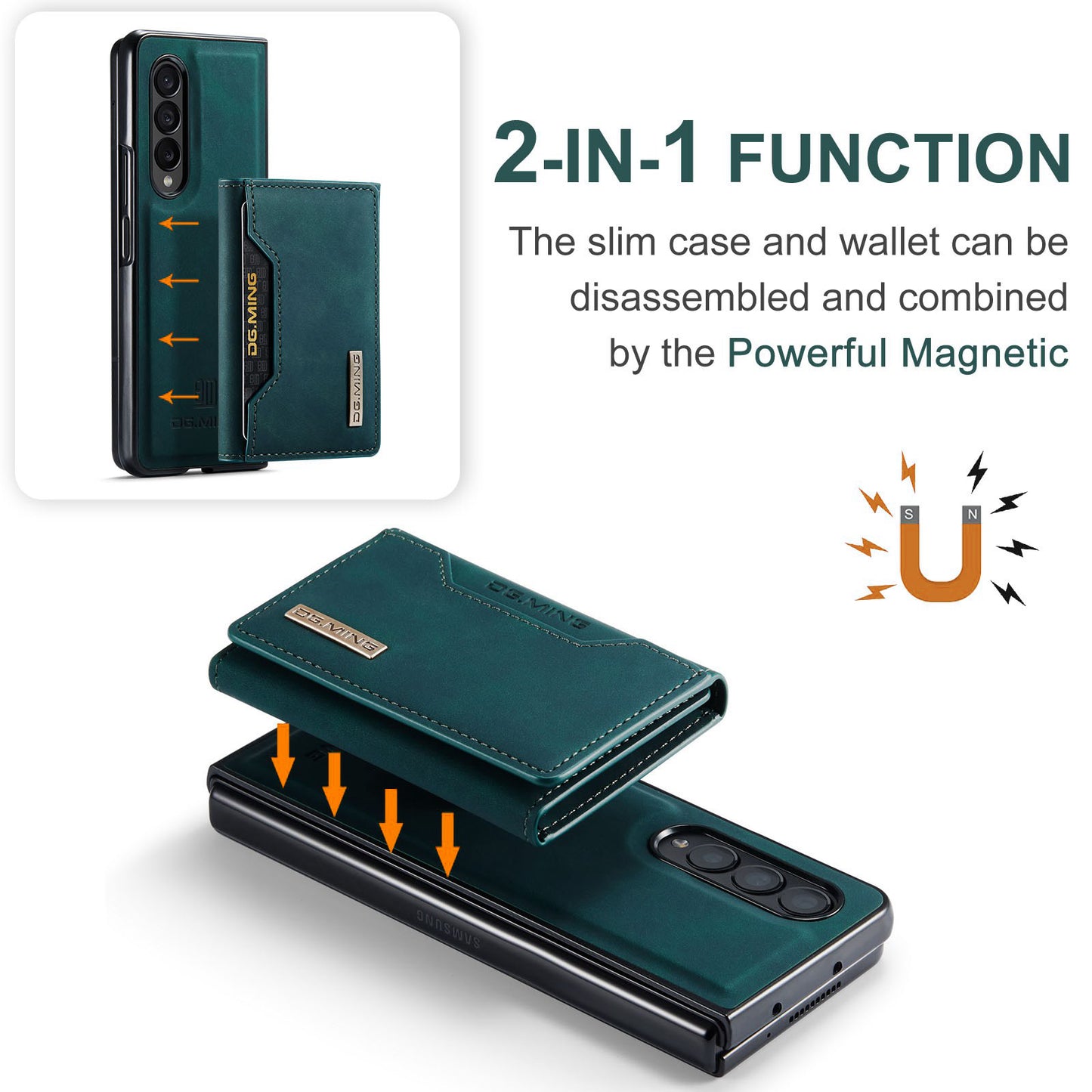 DG.MING M2 Series Phone Case for Samsung Galaxy Z Fold3 5G Shockproof Case Magnetic Absorption Detachable Wallet Phone Case Kickstand Protective Cover