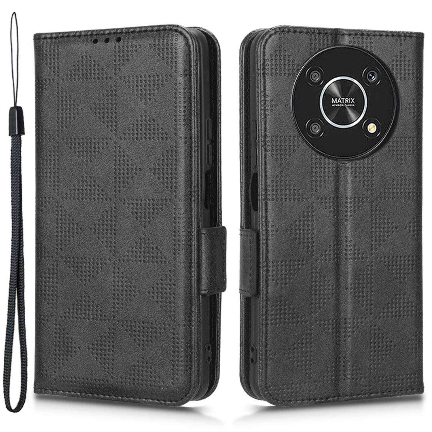 For Honor X9 5G / X30 5G / Magic4 Lite 5G Imprinted Triangle Pattern PU Leather Magnetic Flip Cover Stand Hand Strap Wallet Purse Case