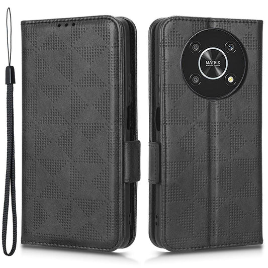 For Honor X9 5G / X30 5G / Magic4 Lite 5G Imprinted Triangle Pattern PU Leather Magnetic Flip Cover Stand Hand Strap Wallet Purse Case