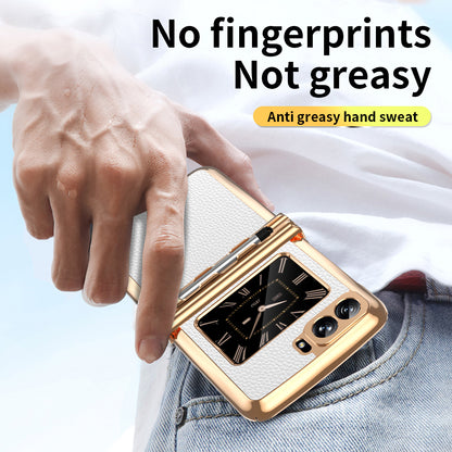 For Motorola Moto Razr 2022 5G Phone Case Shockproof Phone Cover Electroplating PU Leather + PC Phone Case with Pen