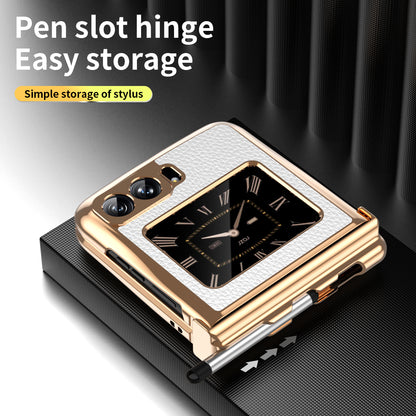 For Motorola Moto Razr 2022 5G Phone Case Shockproof Phone Cover Electroplating PU Leather + PC Phone Case with Pen