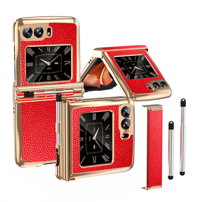For Motorola Moto Razr 2022 5G Phone Case Shockproof Phone Cover Electroplating PU Leather + PC Phone Case with Pen