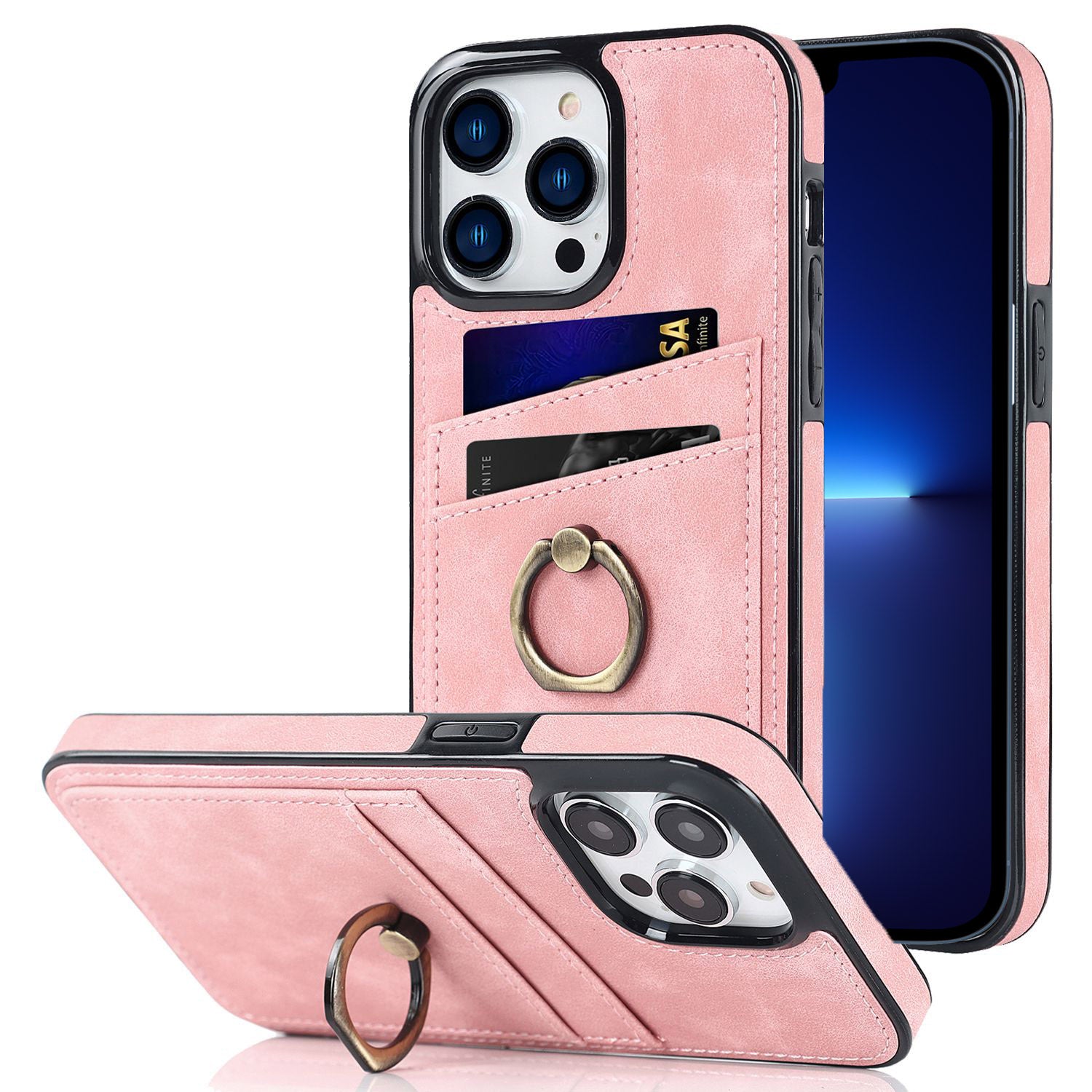 For iPhone 13 Pro 6.1 inch Card Holder Retro PU Leather Coated TPU Cover Ring Holder Kickstand Phone Case