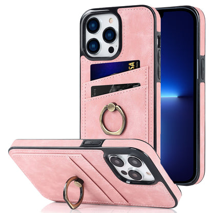 For iPhone 13 Pro 6.1 inch Card Holder Retro PU Leather Coated TPU Cover Ring Holder Kickstand Phone Case