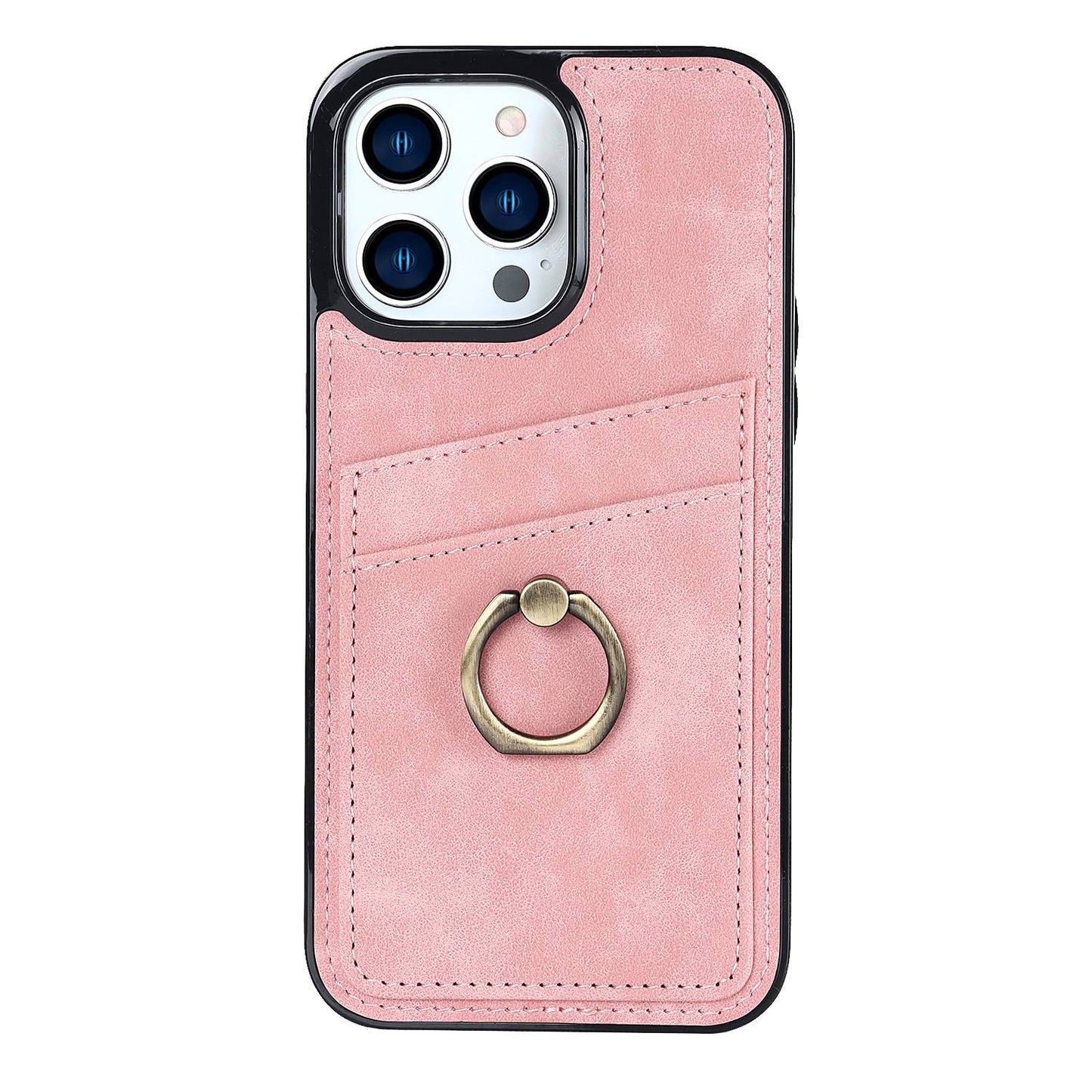For iPhone 13 Pro 6.1 inch Card Holder Retro PU Leather Coated TPU Cover Ring Holder Kickstand Phone Case