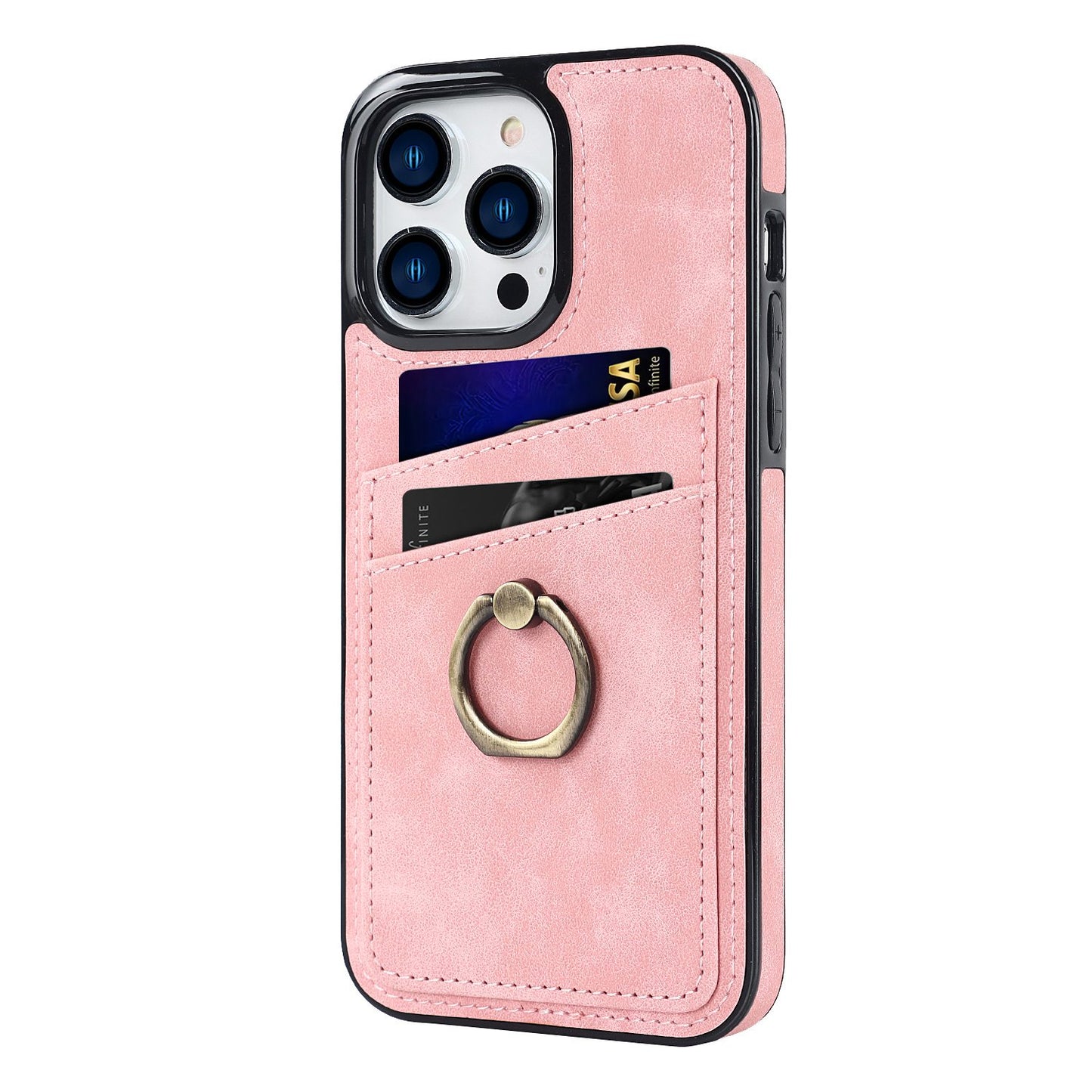 For iPhone 13 Pro 6.1 inch Card Holder Retro PU Leather Coated TPU Cover Ring Holder Kickstand Phone Case