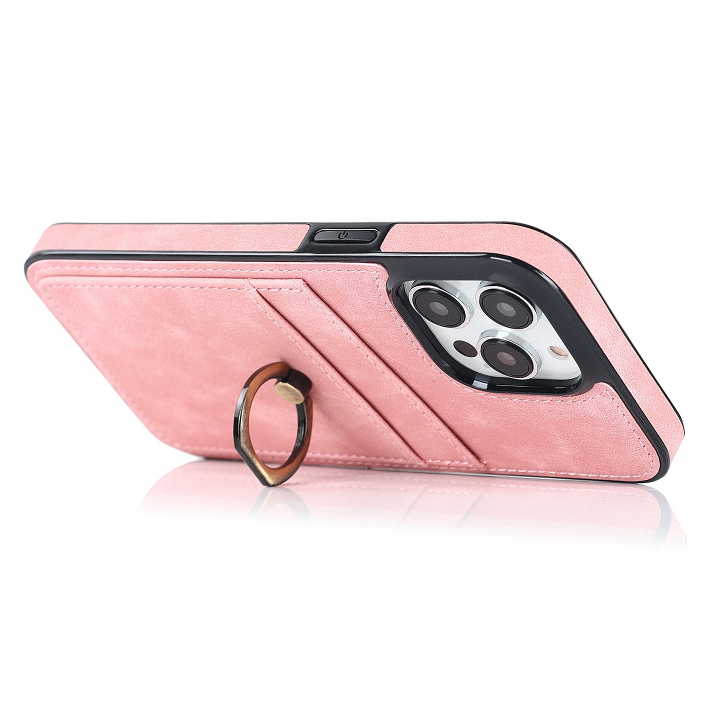 For iPhone 13 Pro 6.1 inch Card Holder Retro PU Leather Coated TPU Cover Ring Holder Kickstand Phone Case