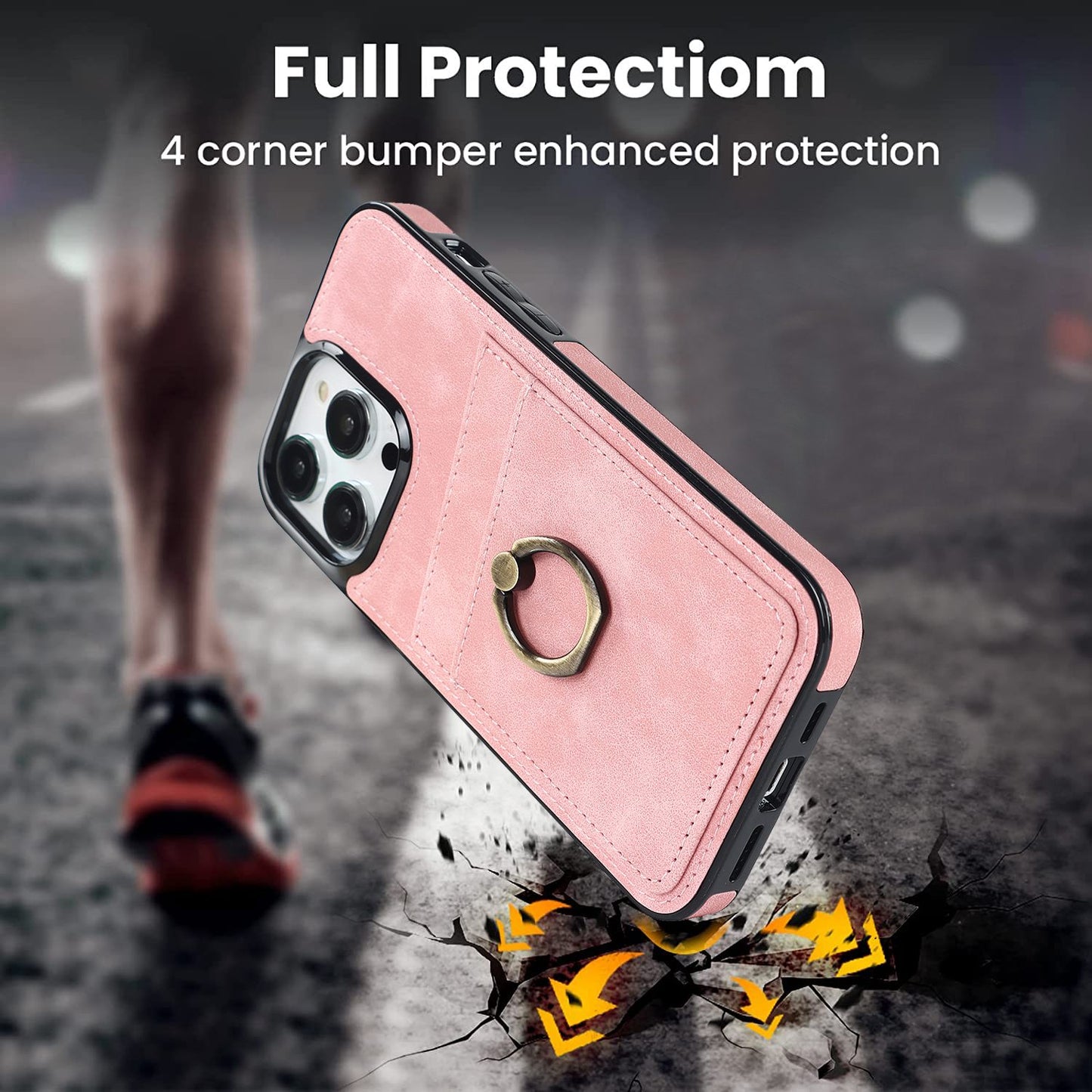 For iPhone 13 Pro 6.1 inch Card Holder Retro PU Leather Coated TPU Cover Ring Holder Kickstand Phone Case