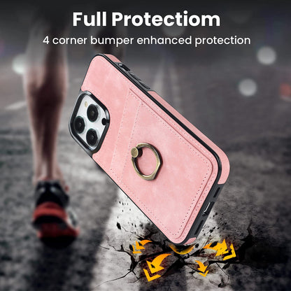 For iPhone 13 Pro 6.1 inch Card Holder Retro PU Leather Coated TPU Cover Ring Holder Kickstand Phone Case