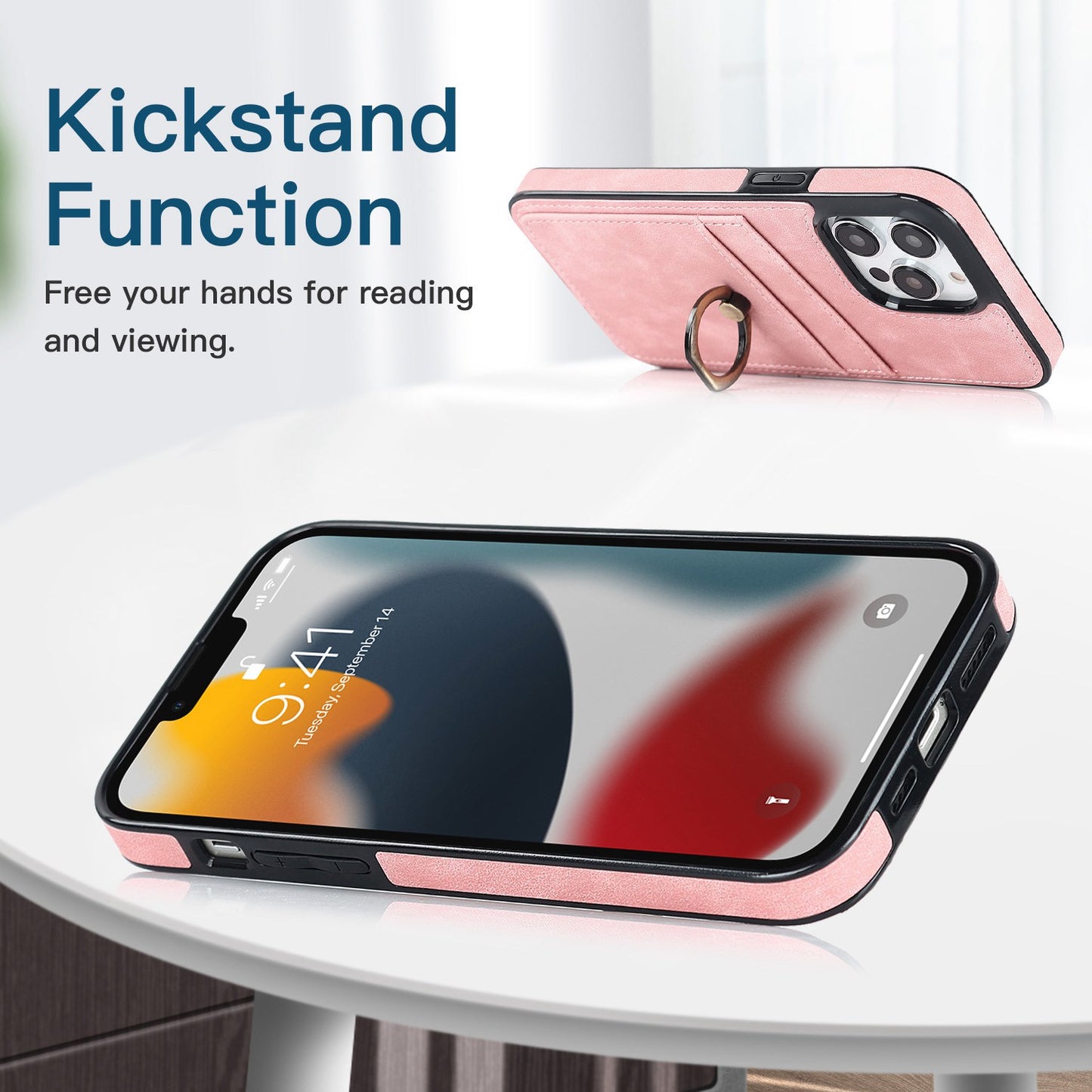For iPhone 13 Pro 6.1 inch Card Holder Retro PU Leather Coated TPU Cover Ring Holder Kickstand Phone Case