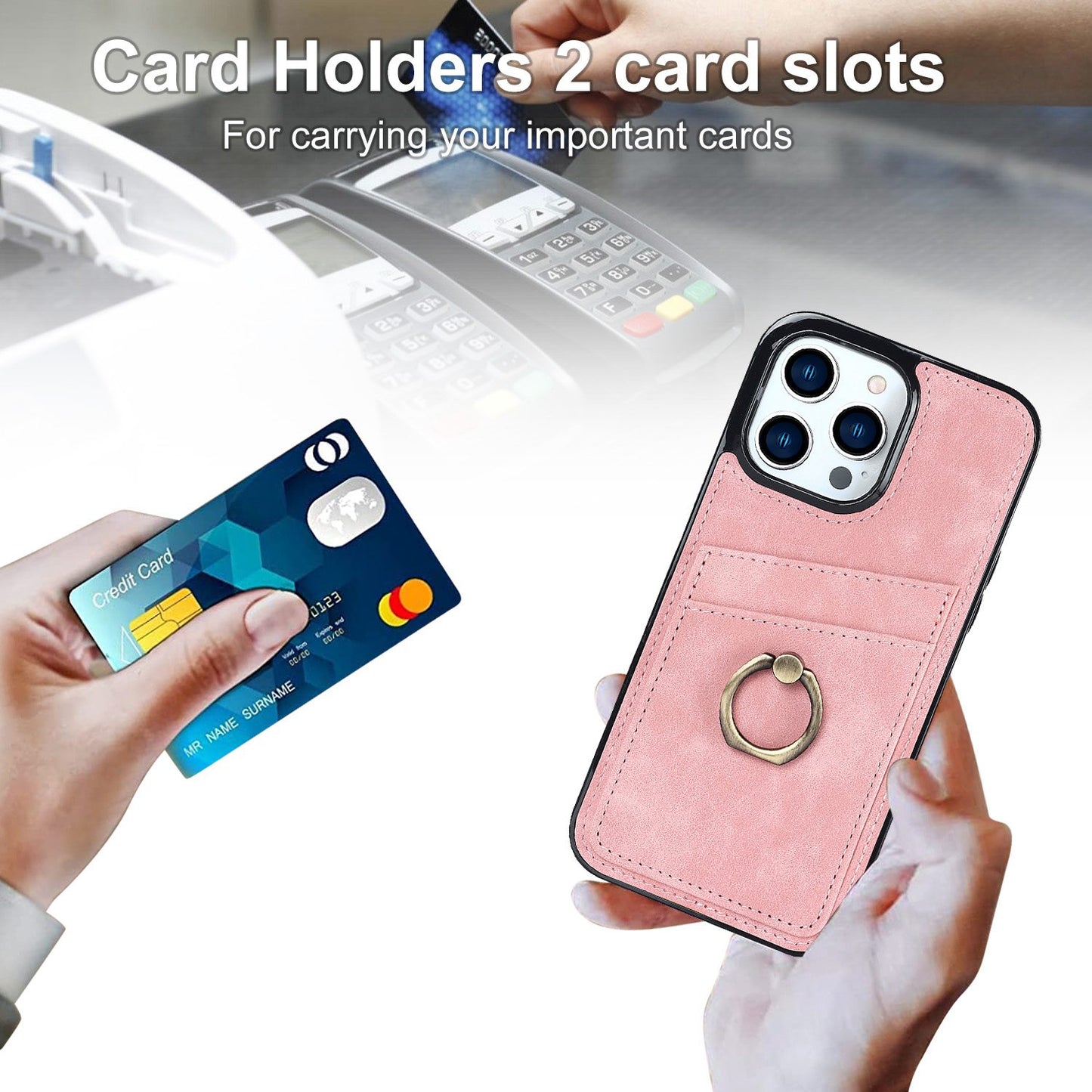 For iPhone 13 Pro 6.1 inch Card Holder Retro PU Leather Coated TPU Cover Ring Holder Kickstand Phone Case