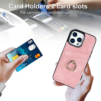 For iPhone 13 Pro 6.1 inch Card Holder Retro PU Leather Coated TPU Cover Ring Holder Kickstand Phone Case