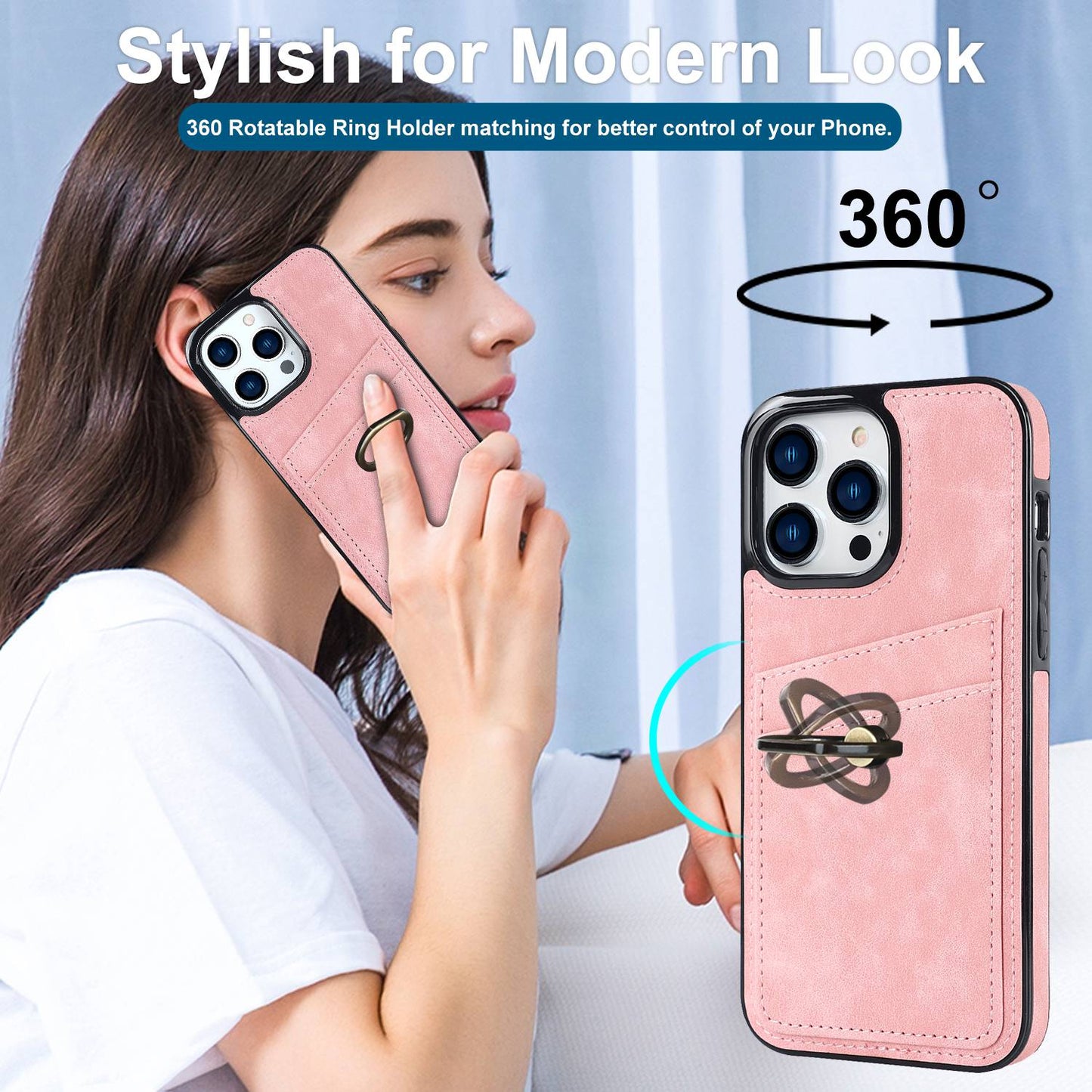 For iPhone 13 Pro 6.1 inch Card Holder Retro PU Leather Coated TPU Cover Ring Holder Kickstand Phone Case