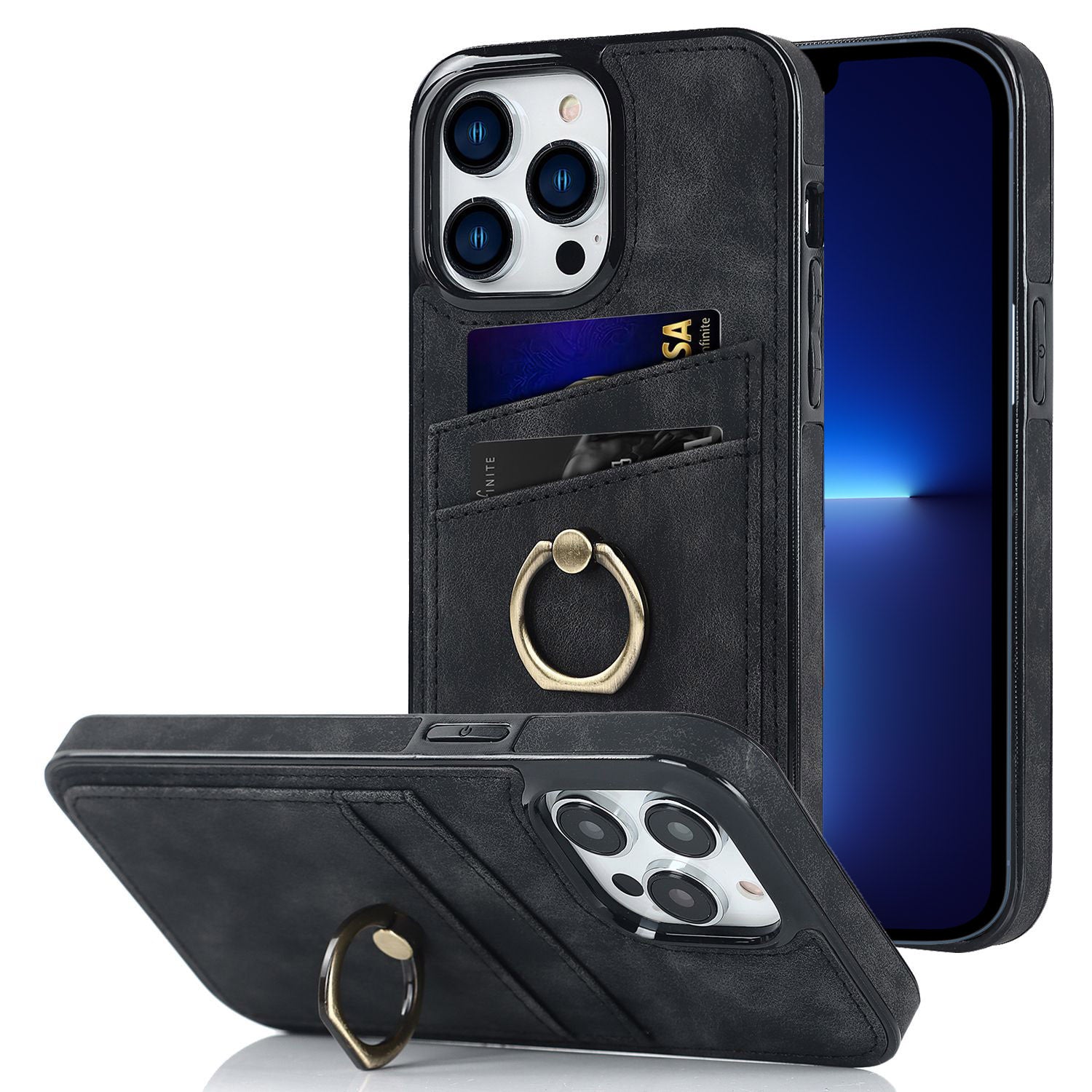 For iPhone 13 Pro 6.1 inch Card Holder Retro PU Leather Coated TPU Cover Ring Holder Kickstand Phone Case