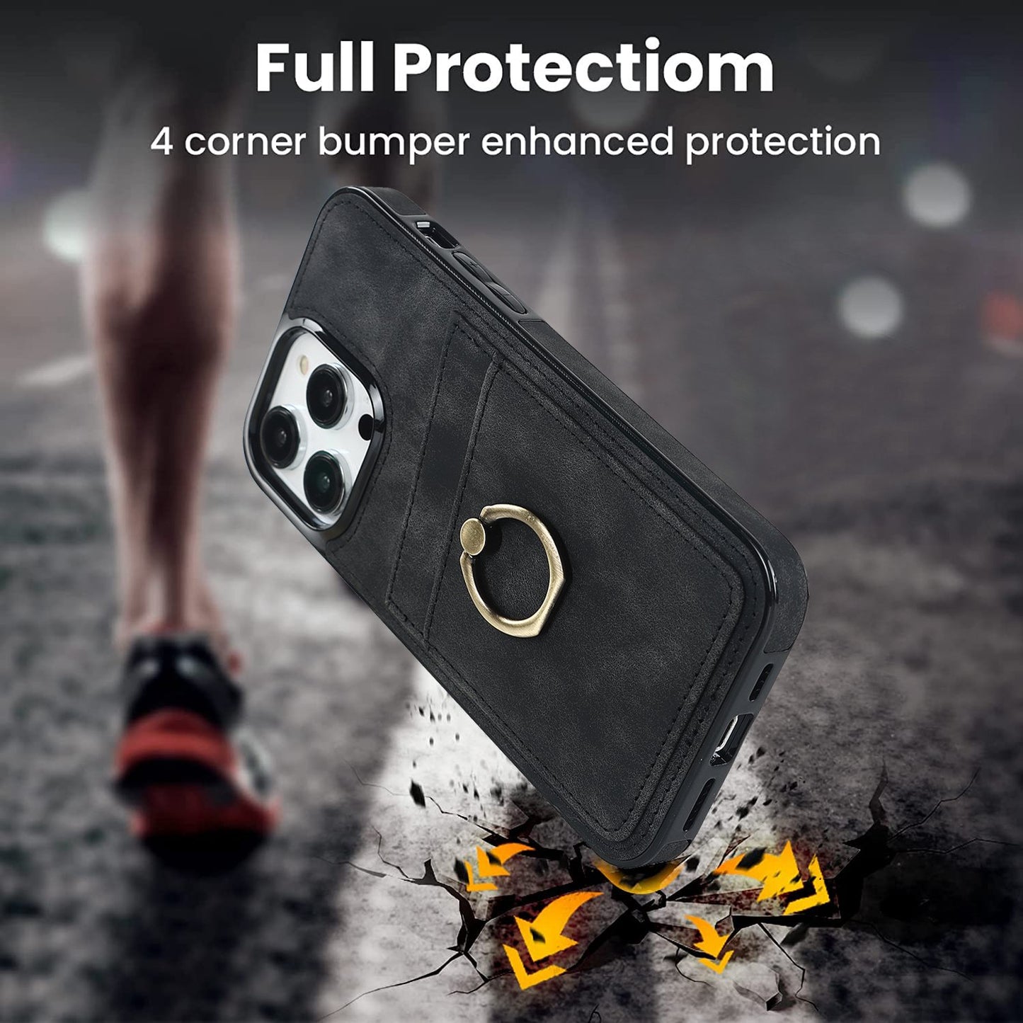 For iPhone 13 Pro 6.1 inch Card Holder Retro PU Leather Coated TPU Cover Ring Holder Kickstand Phone Case