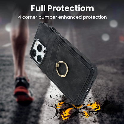 For iPhone 13 Pro 6.1 inch Card Holder Retro PU Leather Coated TPU Cover Ring Holder Kickstand Phone Case
