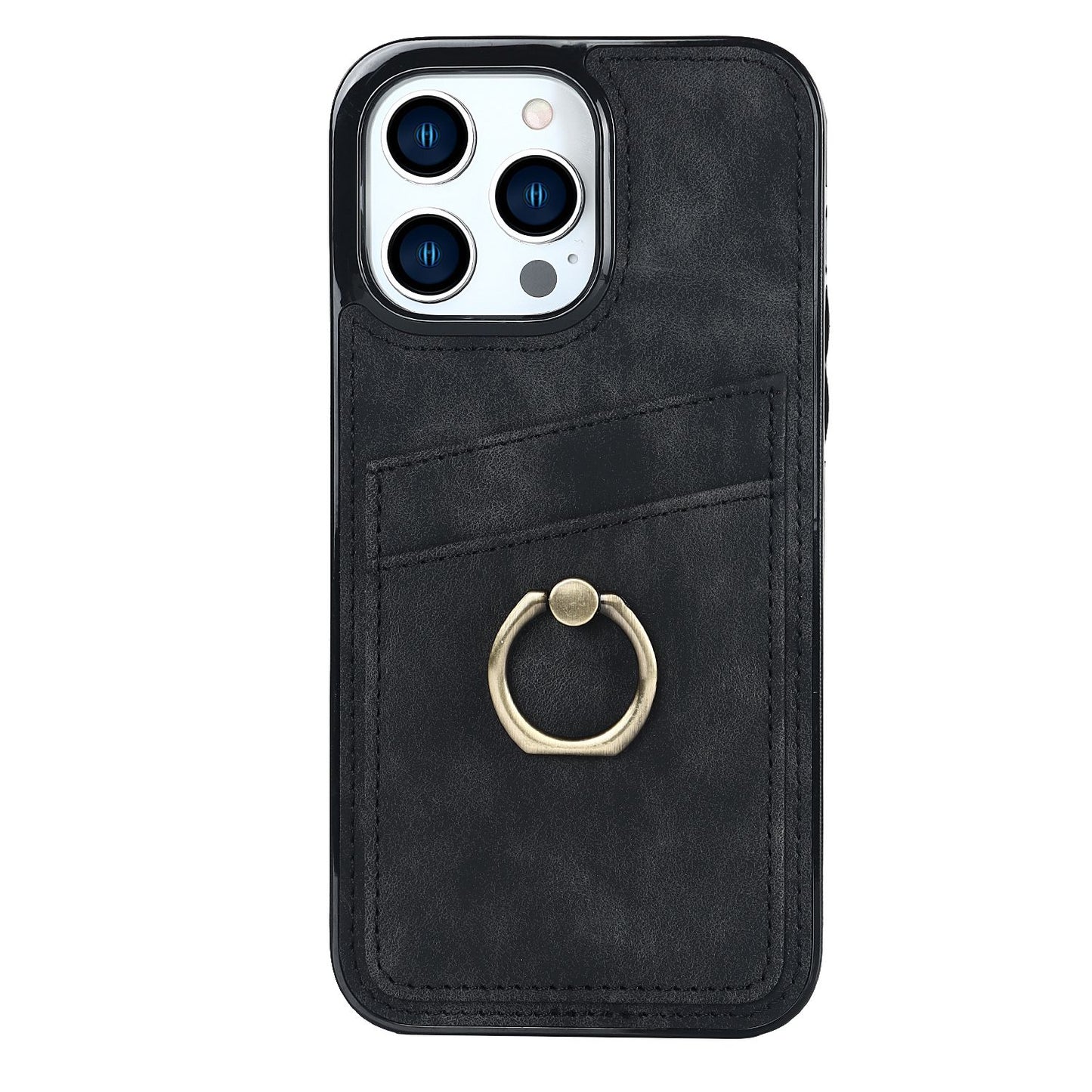 For iPhone 13 Pro 6.1 inch Card Holder Retro PU Leather Coated TPU Cover Ring Holder Kickstand Phone Case