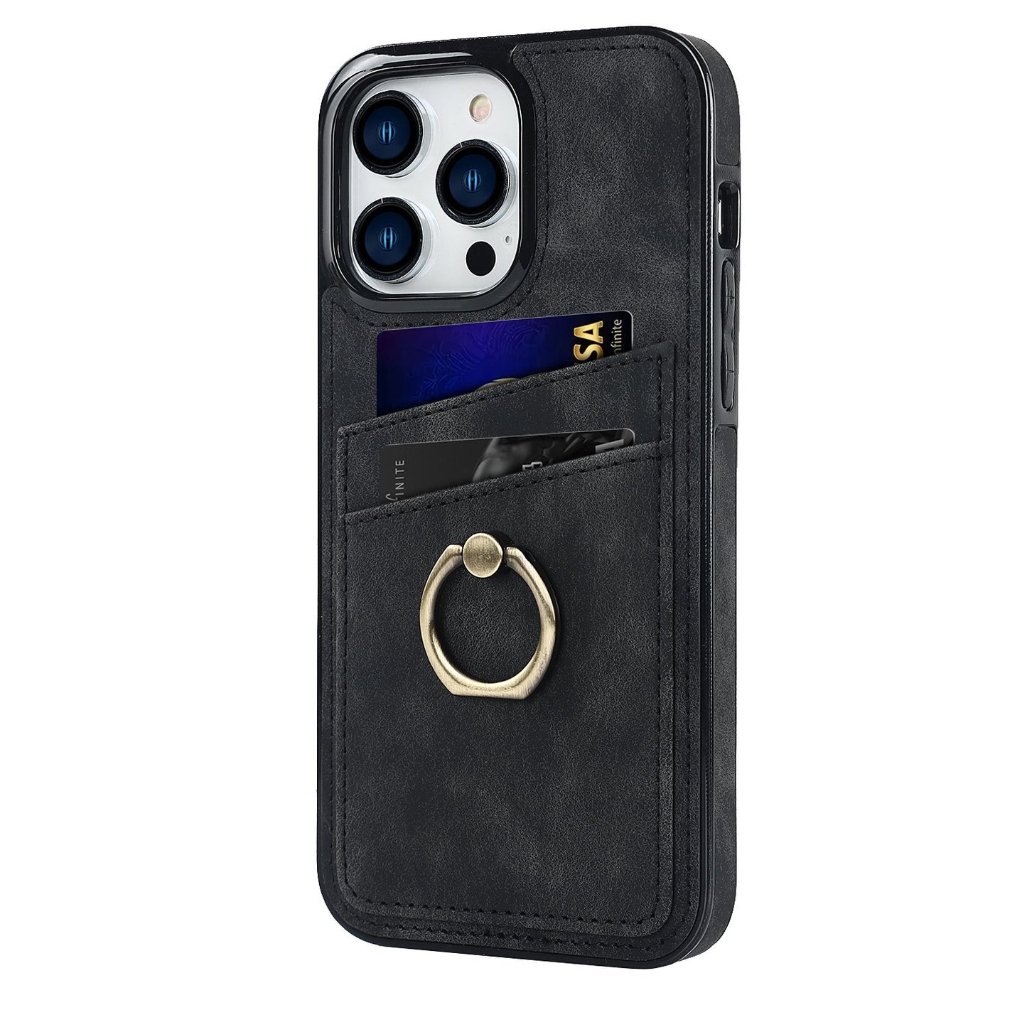 For iPhone 13 Pro 6.1 inch Card Holder Retro PU Leather Coated TPU Cover Ring Holder Kickstand Phone Case