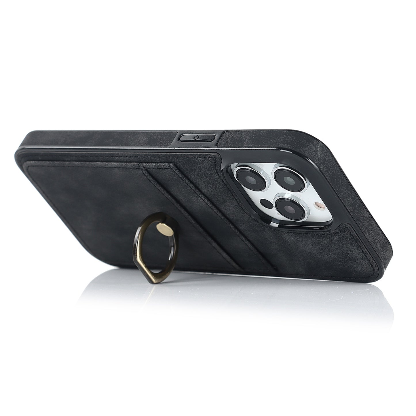 For iPhone 13 Pro 6.1 inch Card Holder Retro PU Leather Coated TPU Cover Ring Holder Kickstand Phone Case