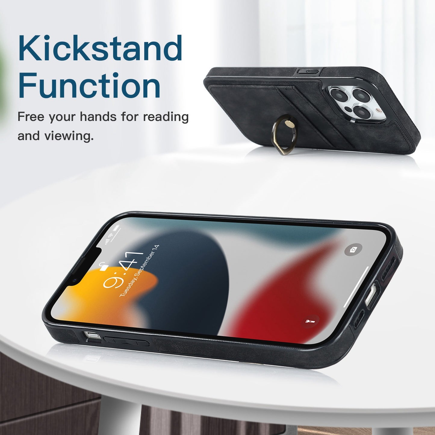 For iPhone 13 Pro 6.1 inch Card Holder Retro PU Leather Coated TPU Cover Ring Holder Kickstand Phone Case