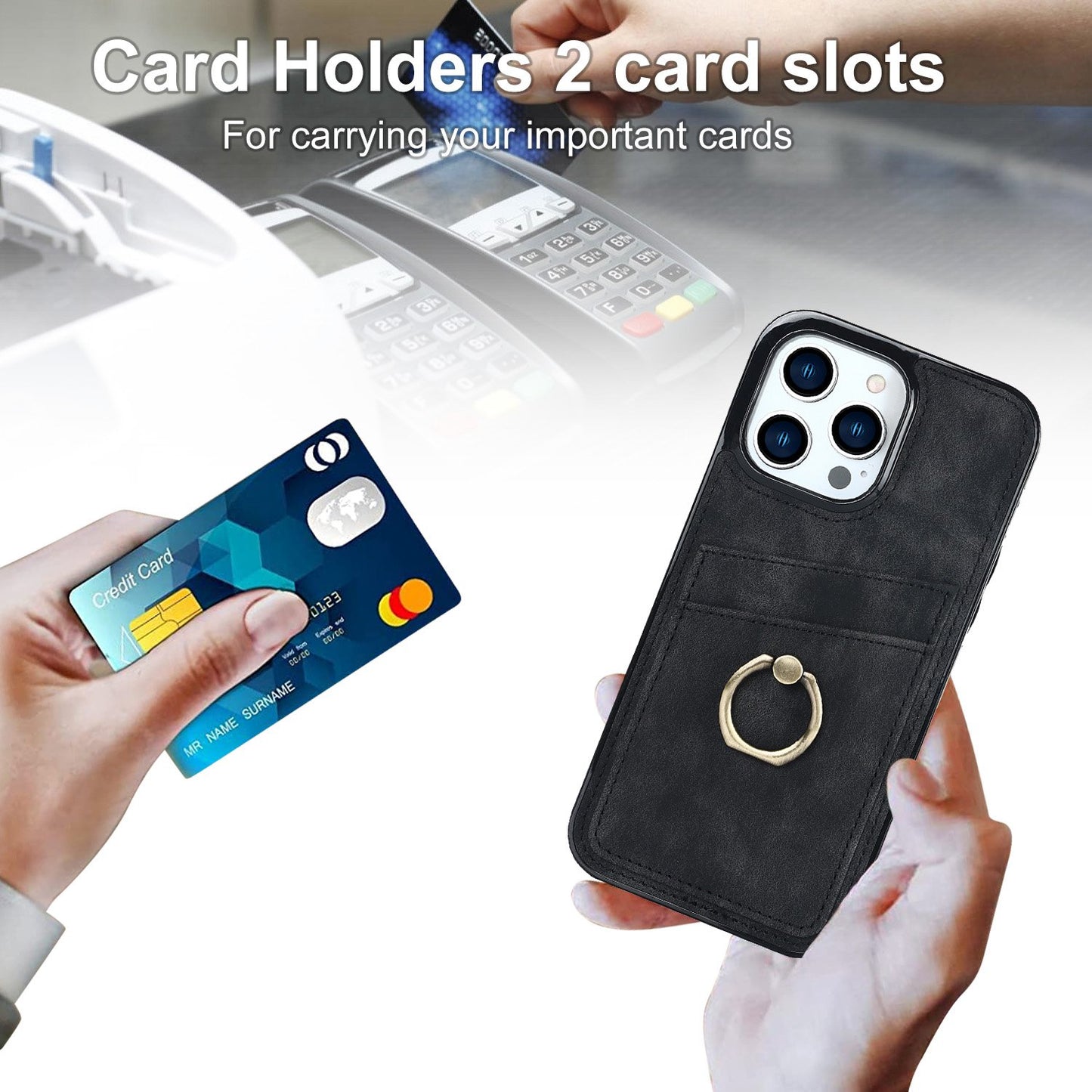 For iPhone 13 Pro 6.1 inch Card Holder Retro PU Leather Coated TPU Cover Ring Holder Kickstand Phone Case