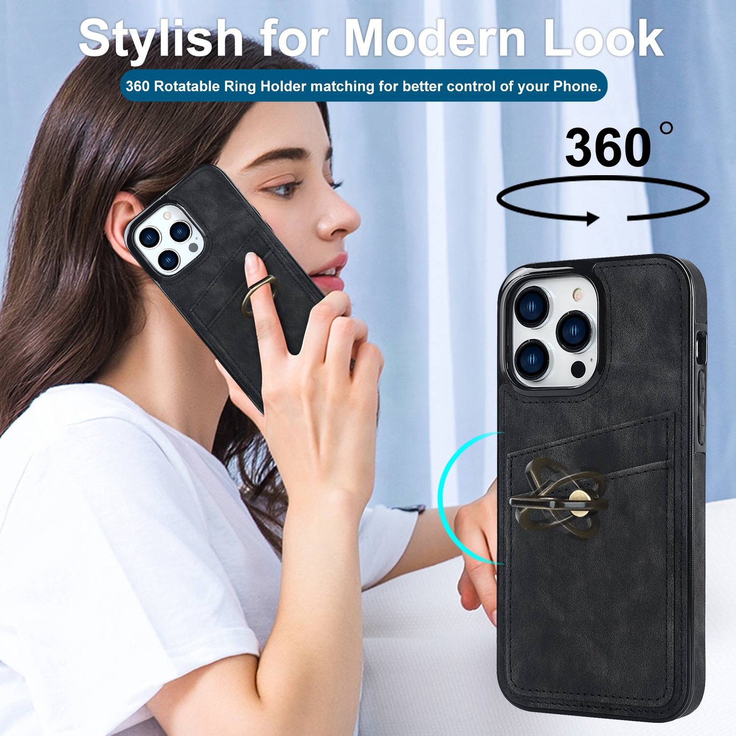 For iPhone 13 Pro 6.1 inch Card Holder Retro PU Leather Coated TPU Cover Ring Holder Kickstand Phone Case
