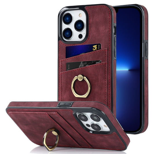For iPhone 13 Pro 6.1 inch Card Holder Retro PU Leather Coated TPU Cover Ring Holder Kickstand Phone Case