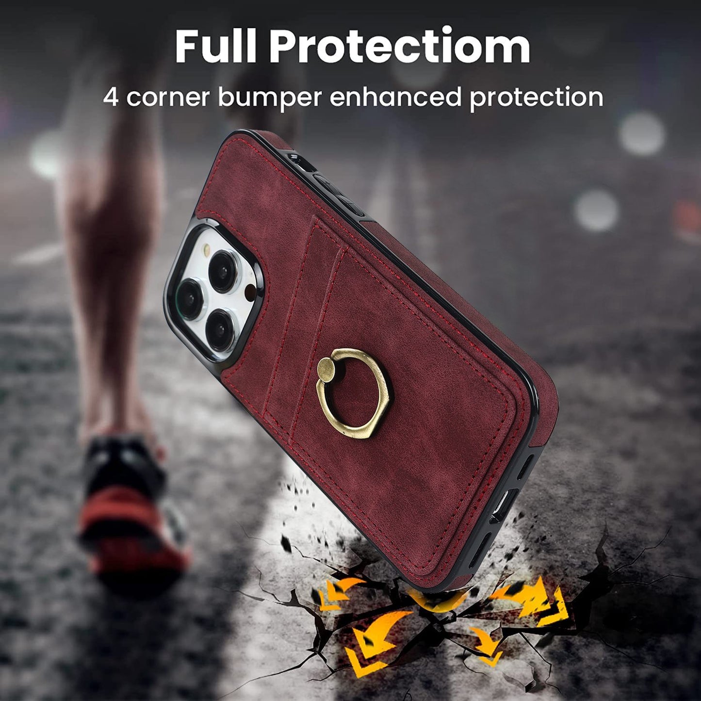 For iPhone 13 Pro 6.1 inch Card Holder Retro PU Leather Coated TPU Cover Ring Holder Kickstand Phone Case
