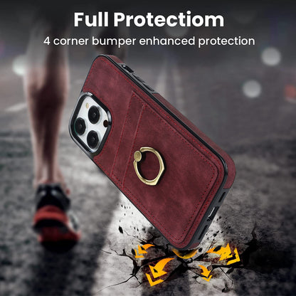 For iPhone 13 Pro 6.1 inch Card Holder Retro PU Leather Coated TPU Cover Ring Holder Kickstand Phone Case