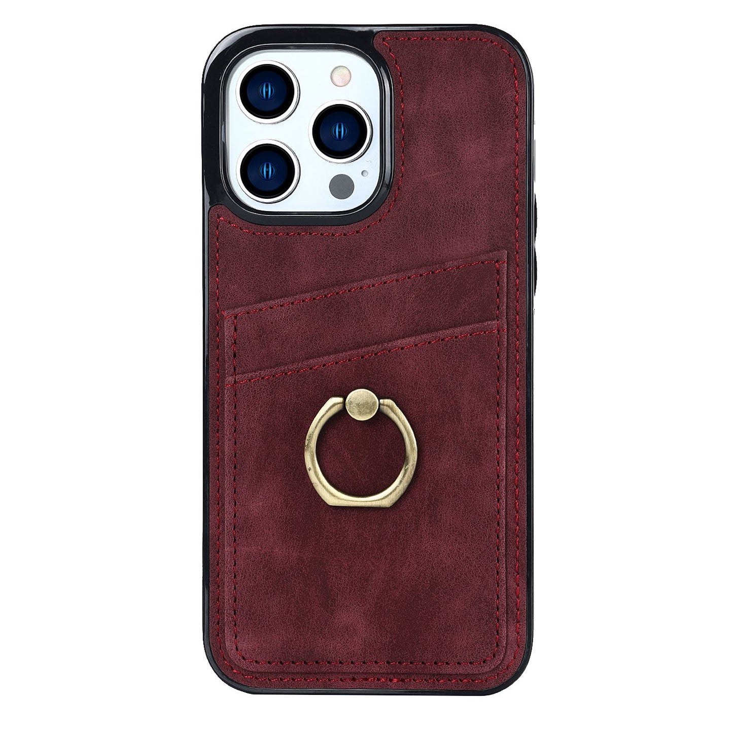 For iPhone 13 Pro 6.1 inch Card Holder Retro PU Leather Coated TPU Cover Ring Holder Kickstand Phone Case