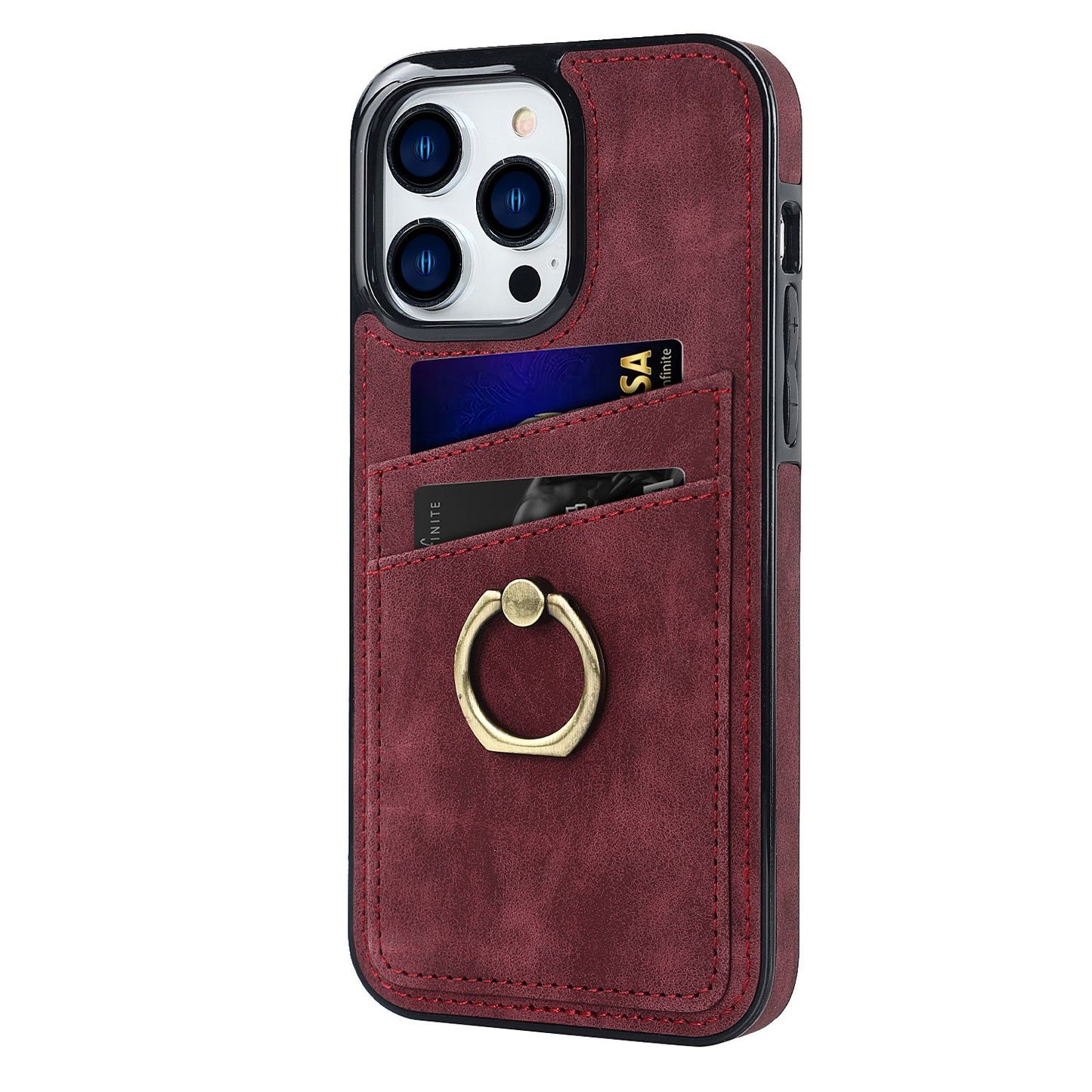 For iPhone 13 Pro 6.1 inch Card Holder Retro PU Leather Coated TPU Cover Ring Holder Kickstand Phone Case